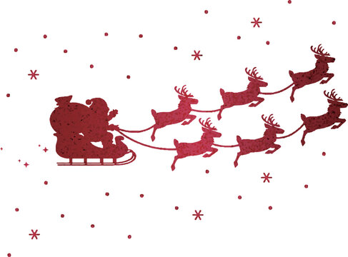 クリスマス　ソリに乗ったサンタクロース　シルエット　水彩　キラキラ　ラメ　イラスト素材