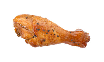 Chicken leg glazed with soy sauce isolated on white, top view
