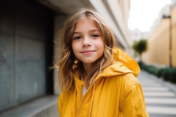 Outdoor portrait of cute little girl in yellow raincoat looking at camera