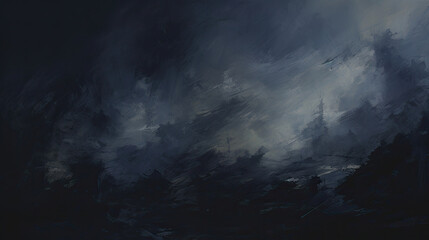 a painting of a dark forest with a plane flying in the sky. Expressive Indigo oil painting background