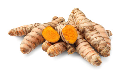 Whole and cut turmeric roots isolated on white