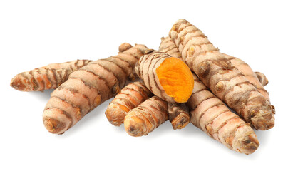 Whole and cut turmeric roots isolated on white - obrazy, fototapety, plakaty
