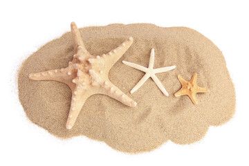 Beautiful sea stars and sand isolated on white, above view