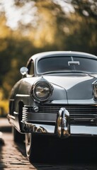 AI generated illustration of a silver car with a cluster of trees in the background