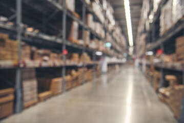 Fototapeta premium Warehouse background storage inventory shelf with freight container aisle space. Goods supply lot shelf cardboard store box pallet. Commercial packaging on steel rack. Aisle in storehouse inventory