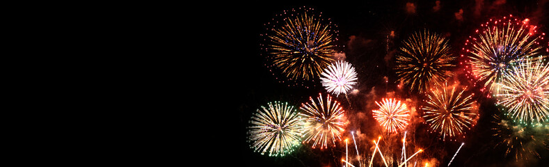 Banner Golden Firework celebrate anniversary happy new year 2024, 4th of july holiday festival....