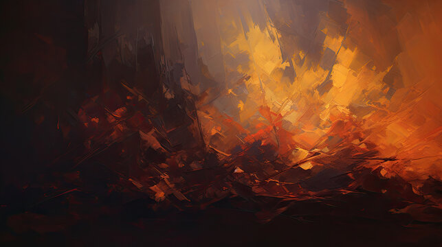a painting of a fire in the middle of a forest. Expressive Amber color oil painting background