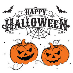 Halloween Vector Vintage Pumpkin pattern with Bat and Spider Web- Halloween Vector Illustration