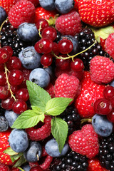 Many different fresh ripe berries as background, top view