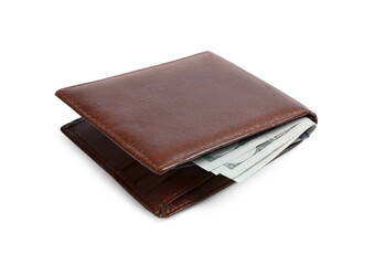 Stylish brown leather wallet with dollar banknotes on white background