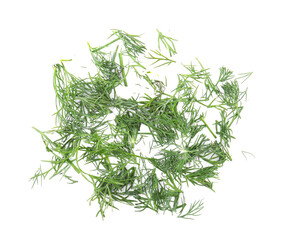 Pile of fresh green dill isolated on white, top view