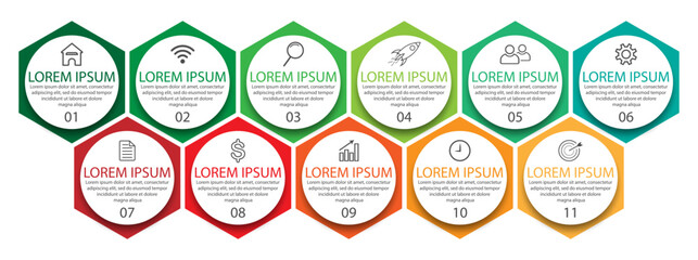 Business Infographic Design Template. minimal Timeline design with 11 steps, 
options and marketing icons. Vector linear infographic with eleven circle connected elements. 
Can be used for your presen