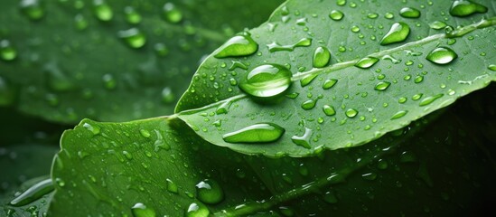 Fresh green leaves are adorned with droplets of water