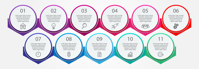 Business Infographic Design Template. minimal Timeline design with 11 steps, 
options and marketing icons. Vector linear infographic with eleven circle connected elements. 
Can be used for your presen