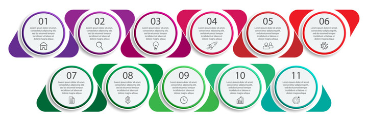 Business Infographic Design Template. minimal Timeline design with 11 steps, 
options and marketing icons. Vector linear infographic with eleven circle connected elements. 
Can be used for your presen