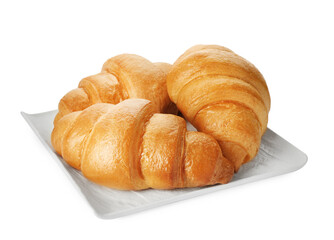 Plate with delicious fresh croissants isolated on white