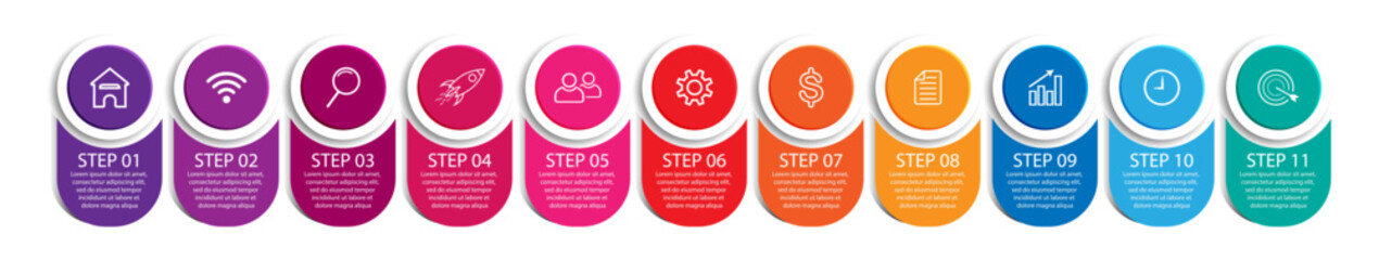 Business Infographic Design Template. minimal Timeline design with 11 steps, 
options and marketing icons. Vector linear infographic with eleven circle connected elements. 
Can be used for your presen