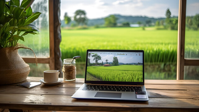 Workspace with a laptop on a wooden table over a rice field country background. Conceptual image of the working style of the nomads and modern freelancers.
