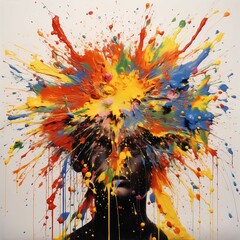 AI-generated illustration of an abstract painting of a persons head exploding with vibrant colors