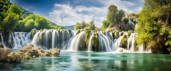 Nature landscape of waterfall cascade in the Croatia. National park Krka is popular travel placewith waterfalls in Europe. Mountain forest waterfall landscape.