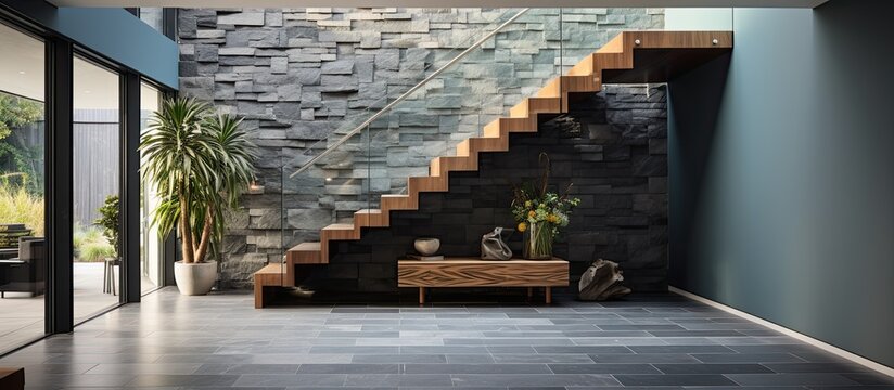 Observing the entrance hallway of a modern newly constructed residence with a prominent wall made of bluestone