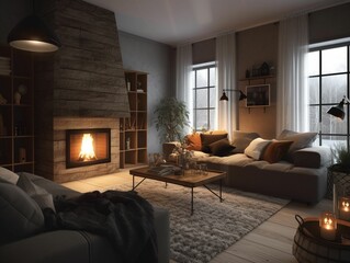 AI generated illustration of a cozy living room with a fireplace and a comfortable sofa