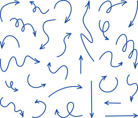 Set of blue hand drawn arrows isolated on a white background. Editable stroke. Vector illustration