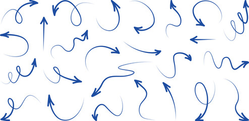 Set of blue hand drawn arrows isolated on white background. Vector illustration