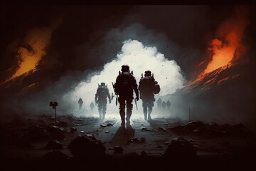 AI generated illustration of A group of soldiers walking down a hill with a smoky background