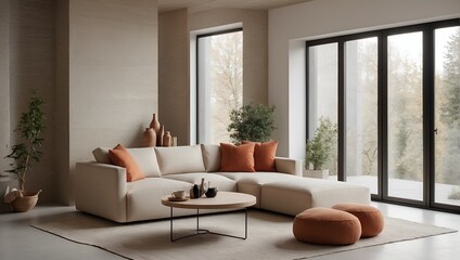modern living room with warm color sofa with terracotta pillows 