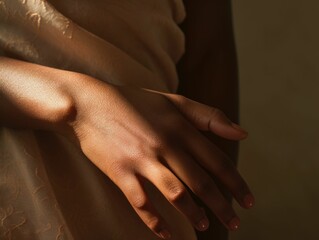 AI generated illustration of a closeup of a dark-skinned female hand with half of it in the light