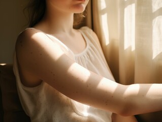 AI generated illustration of a young woman with freckled arms near a window
