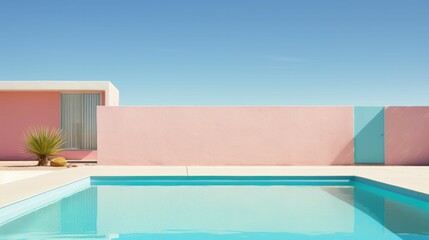 Fototapeta na wymiar AI generated illustration of a pristine pool near a pastel pink building