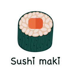 Maki sushi vector icon. Tasty Japanese roll with salmon or tuna, rice wrapped in nori seaweed. Fresh Asian snack, fish delicacy. Seafood isolated on white. Flat cartoon clipart for bar, print, poster © shamanistik_art