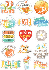Vector set of Christian stickers. Typography, illustrations and symbols. Religious phrase and verses.