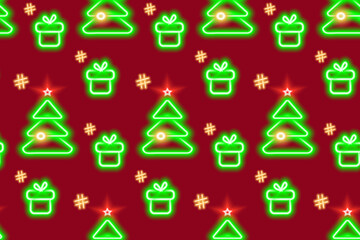 Seamless pattern of neon glowing Christmas tree and gift box with hashtags in trendy Xmas shades