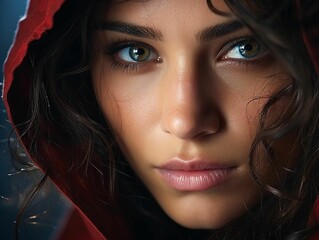 AI generated illustration of a female individual wearing a red hooded sweatshirt