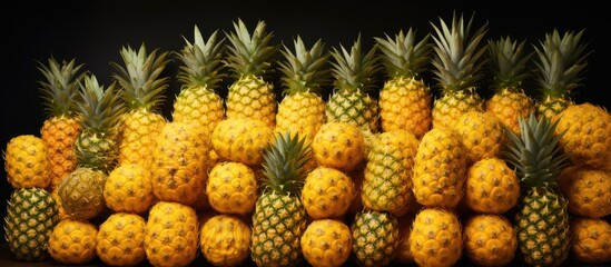 Numerous stacks of pineapples available for purchase in stores