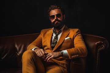 A handsome, well-groomed boss of European origin with a dark mustache, beard, and sunglasses in a corduroy mustard-colored suit, and white shirt is sitting on a dark brown leather sofa in a dark room.