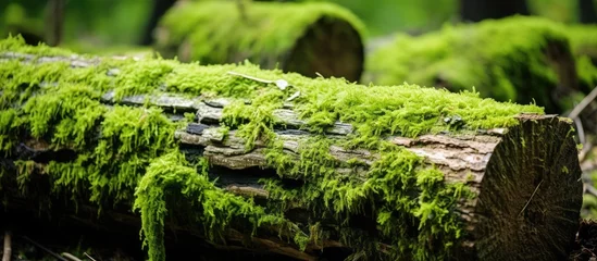 Rolgordijnen The aged timber was adorned with moss In the outdoor environment aged wood decays The texture of nature The background of aged timber in its natural state Wood exhibiting cracks © AkuAku