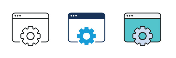 Web browser and gear icon. Line, glyph and filled outline colorful version. Symbol, logo illustration. Different style icons set. Pixel perfect vector graphics.