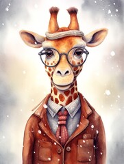 Fototapeta premium Vintage drawing of a cute giraffe dressed in a scarf and coat on a snowy day