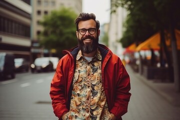 Fototapeta premium Portrait of a handsome bearded man in a red jacket and glasses