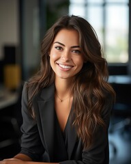 Fototapeta premium Potrait beautiful smiling business woman looking at camera, happy girl in creative office, successful career