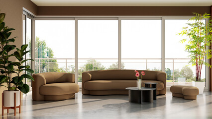 Large luxury modern bright interiors Living room mockup banner illustration 3D rendering computer...