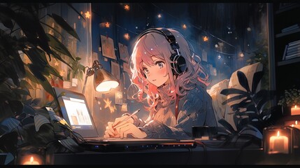 Anime-manga cartoon of a young woman with her computer listening to music.