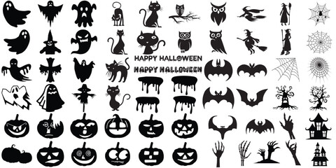 Set of halloween silhouettes black icon and character. Collection of halloween silhouettes .Vector illustration. Isolated on white background.