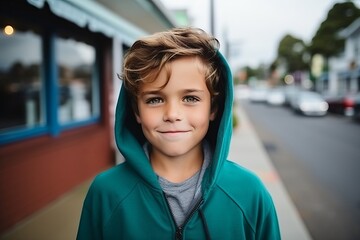 Portrait of a boy in a green hoodie on the street