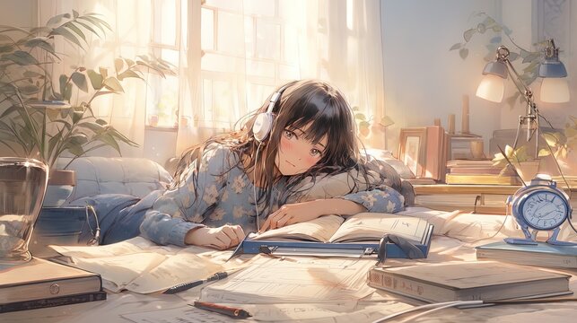 Manga-anime style illustration of a young woman in her bed with headphones on, resting and listening to music.
