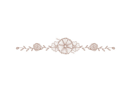 hand drawn blossom lineart flower line divider for footer or header decoration. Vector hand drawn wedding flower decoration